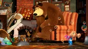 Als Mascha dem Bären die neue Roboterpuppe Maschuko vorstellen will, findet sie ihn in völligem Chaos. Er hat sein Häuschen verwüstet, als er gleichzeitig waschen, bügeln, kochen und fernsehen wollte Als Mascha dem Bären die neue Roboterpuppe Maschuko vorstellen will, findet sie ihn in völligem Chaos. Er hat sein Häuschen verwüstet, als er gleichzeitig waschen, bügeln, kochen und fernsehen wollte