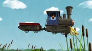 Eine fliegende Lokomotive? Wo gibt es denn sowas und Käfer Ludwig ist auch noch in der Führerkabine, wenn das keine Bruchlandung gibt.
