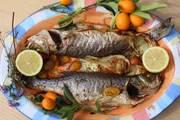 Gebackener Wolfsbarsch mit einer Kumquat-Fenchelfüllung