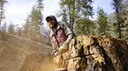 Wes Gregory sawing down a tree, smiling.