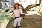 Piper, the daughter of Wild Skies Live directors Shannon and Rob, holds a bird as it flutters its wings.