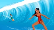 Timeti (r.) und Inapo (l.) gleiten beim Surfwettkampf vor der Insel Maotou durch eine große Welle.
