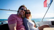 Joulet Roger (R) and Eric Roger (L) on a boat in the bay of Nice, France, enjoying their new lifestyle, as seen on Mediterranean Life (portrait)