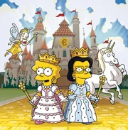 Lisa (l.) lernt eine gewisse Juliet (r.) kennen, mit der sie sich auf Anhieb blendend versteht. Nach und nach spinnen sich die beiden ein Traumreich zusammen, das sie "Equalia" nennen. Marge ist besorgt ...