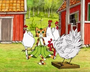 Fertig ist das Huhn-Attrappe vollgefüllt mit Pfeffer - Findus ist begeistert wie echt sie aussieht, nur die Hühner schauen skeptisch.