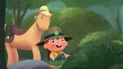 Forscher Kito und sein Pferd Rubi strahlen vor Freude, weil sie den Schlangenkönig gefunden haben.