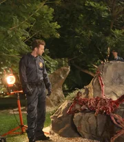 BONES: Hodgins (TJ Thyne) examines remains displayed like a replica of a famous painting in the "The Sense in the Sacrifice" episode of BONES airing Monday, Oct. 7 (8:00-9:00 PM ET/PT) on FOX. ©2013 Fox Broadcasting Co. Cr: Patrick McElhenney/FOX Bones_ep903_sc5pt_013