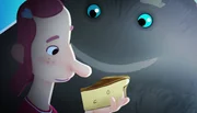 Trude und ihr Tier sind besorgt um den Käsekuchen, der Angst im Dunkeln zu haben scheint. Insgeheim hat das Tier Angst, will es aber nicht zugeben.