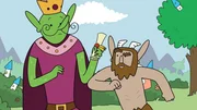 Der Koboldkönig (links) darf bei den Helden wohnen. Ihm gefällt das Leben bei ihnen, und er gibt vor, ebenfalls als Held im Dienste des 'Rat des Glücks' sein zu wollen. Hufius (rechts) hat bereits einen Plan, wie er dem Koboldkönig die Mission vermiest.