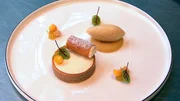 Kreation vom Sternekoch_Mispelgelee mit Ziegenfrischkäse im Baumkuchen, dazu Mispelsorbet