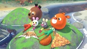 Luzie, Edmund, Hortensia und Polka trocknen sich und die Drachen in der Sonne.