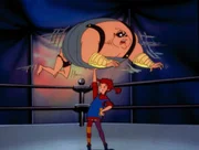 Pippi enttarnt den starken Gustav, indem sie ihn auf ihrem Arm herumkreisen lässt, bis ihm ganz schwindlig ist.