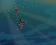 Der Taucherwurm soll einen Fisch zu Pettersson Angel locken.