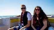 Frederick Bergstrand (L) and Kattie Wilkie (R) sitting on a boat, enjoying their new life in Torremolinos, Spain, during a day full of sun and good waves, as seen on Mediterranean Life