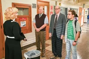 L-R: Beverly Goldberg (Wendi McLendon-Covey), Principal Ball  (Stephen Tobolowsky), Mr. Woodburn (Dan Bakkedahl), Adam Goldberg (Sean Giambrone)