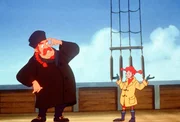 Pippi (r.) und Papa Ephraim überlegen gemeinsam, wie sie die grünen Wale beschützen können.