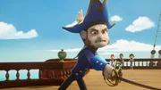 Käpt'n Flint (l.) versteht keinen Spaß, wenn es um Kaninchen an Bord der Pirate Academy geht. Finn (2.v.l.), Alexander (2.v.r.) und Zoe (r.) schauen angespannt zu ihm.