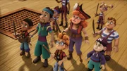 Gebannt verfolgen Lehrer und Schüler der Pirate Academy, wie Zoe und Schnurrbart Fischkopp gegen die Angreifer kämpfen.