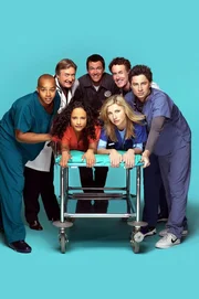 (3. Staffel) - Die Belegschaft des Sacred Heart Hospitals muss täglich mit neuen Überraschungen rechnen: (hinten) John Dorian (Zach Braff, r.), Turk (Donald Faison, l.), Dr. Phil Cox (John C. McGingley, 2.v.r.), Hausmeister (Neil Flynn, M.), Dr. Bob Kelso (Ken Jenkins, 2.v.l.) (vorne) Elliot (Sarah Chalke, r.), und Carla Espinosa (Judy Reyes, l.) ...