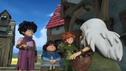 Little John, Tuck und Robin Hood stehen im Dorf einer alten Frau gegenüber. Diese sammelt mit einem Trick Glück von den Dörflern in Fläschchen ein.