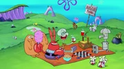 SpongeBob (hinten), Mr. Krabs (3.v.l.), Squidward (3.v.r.), Plankton (2.v.r.)