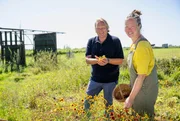 Björn Freitag (l) besucht das Geschwisterpaar Pytsje (r) und Sjoerd van der Hem und ihren "Garten der Zukunft" in Jorwert. Die Selbstversorger bewirtschaften das Land rund um ihr Elternhaus nach den Prinzipien der Permakultur. Beim Obst- und Gemüseanbau und bei der Schafhaltung versuchen sie eine natürliche Balance zu finden und möglichst viel aus ihren eigenen Produkten zu verwerten.