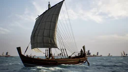 Computeranimation r&ouml;mischer Handelsschiffe. Eine ganze Flotte von kleinen und mittelgro&szlig;en Frachtseglern sorgte f&uuml;r den Warenverkehr &uuml;ber das Mittelmeer, das die R&ouml;mer stolz "Mare Nostrum" &ndash; "Unser Meer" &ndash; nannten.