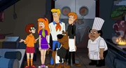 v.li.: Velma Dinkley, Daphne Blake, Fred Jones, Scooby-Doo, Shaggy Rogers, Chazz Larkin