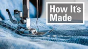 Sewing machine and blue jeans fabric.