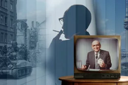 Keyvisual - Bildcollage: Im Vordergrund: Robert Lembke als Moderator der Quizshow "Was bin ich?" auf dem Bildschirm eines 4:3 Fernsehger&auml;tes. Im Hintergrund: Strassenszene mit Panzern, die an zerbombten H&auml;userfronten vorbeifahren, mittig die Silhouette des Schauspielers Johann von B&uuml;low in der Rolle des Robert Lemke von hinten gesehen, rechts im Bild der M&uuml;nchner Olympiaturm.