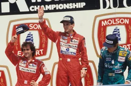 Ayrton Senna (Mi.), Alain Prost (li.) und Thierry Boutsen (re.) beim Gro&szlig;en Preis von Kanada 1988 in Montr&eacute;al