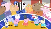 vorne, l-r: Richard Rabbit, Emily Elephant, George Pig, Suzy Sheep, Peppa Pig, Pedro Pony, Edmond Elephant, Rebecca Rabbit