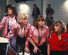 Stephanie (Michelle Pfeiffer, r.) ist die Anf&uuml;hrerin der 'Pink Ladies'. Sie und ihre Freundinnen Sharon (Maureen Teefy, l.), Paulette (Lorna Luft, 2.v.l.) und Rhonda (Allison Price, 2.v.r.) stehen auf ausgebuffte, knallharte Motorrad-Biker ...