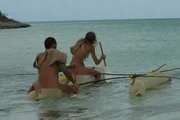 Ben and Sarah make their way to sea in their extraction raft.