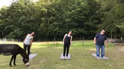 Eine besondere Erfahrung für den Wuppertaler Michael Pitsch. Therapeutin Sabrina Alexander hat ihn zum Esel-Yoga eingeladen. Von Links: Sabrina Alexander, Yoga-Lehrerin Christina Henke, Michael Pitsch