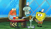 Squidward (m.), SpongeBob (r.)