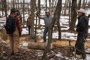 Matt Raney (backpack), Herbie Junior Russell, Florence Russell, Herb Senior Russell and Marty Raney in the forest , Marty sets the Russell a Wood Challenge near the Russell Family Homestead in Bedford, Pennsylvania.