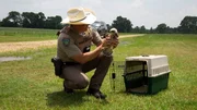 Game Warden Sean Reneau examines an injured bird.