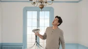 Jon contemplates how great the new chandelier will look in the dining room at the Matulewicz home, as seen on HGTV's Farmhouse Fixer. Jon contemplates how great the new chandelier will look in the dining room at the Matulewicz home, as seen on HGTV's Farmhouse Fixer.