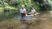 Matt Graham pulling Joe Teti on raft. Matt Graham pulling Joe Teti on raft.