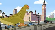 Tom in London. Der Zirkus macht in London Station. Tom, Wanda und Tip wünschen sich nichts sehnlicher, als die Queen zu besuchen. Leider sind ihnen Mr. Carter und seine Handlanger auf den Fersen. Sie wollen Tom mit einer lebensechten Nachbildung eines Dinosauriers aus dem Naturkundemuseum in eine Falle locken.