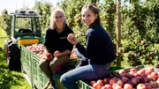 Marina (rechts) darf bei Obstbäuerin Lena bei der Apfelernte mithelfen und presst sogar richtigen Apfelsaft.