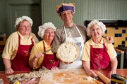 Mike Rowe visits the Berry Manor Inn located in Rockland Maine. Mike and the three "pie ladies" work in the kitchen making blueberry pies at the Berry Manor Inn. (L-R Anne Mannheim, Alice Taylor, Mike Rowe and Janet LaPosta) Mike Rowe visits the Berry Manor Inn located in Rockland Maine. Mike and the three "pie ladies" work in the kitchen making blueberry pies at the Berry Manor Inn. (L-R Anne Mannheim, Alice Taylor, Mike Rowe and Janet LaPosta)