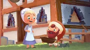 Zala und Lutk haben es geschafft, sich zu verstehen! Lutk freut sich über den Backtrog, den er von ihr bekam.