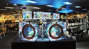 The finished drum set aquarium in the music store.