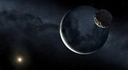 Asteroid passing the Moon. Computer artwork of an asteroid passing close to the Moon. This asteroid is an example of a near-Earth object (NEO), an astronomical object whose orbit intersects with that of the Earth. Asteroids are rocky bodies orbiting within the solar system. They vary in size from tens of metres across to over a hundred kilometres across. Large asteroids (over a kilometre across) impacting the Earth can cause mass loss of life. It is thought that this is what caused the extinction of the dinosaurs 65 million years ago. The Sun is at lower left, and the Milky Way is in the background.