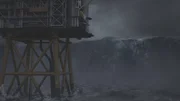 A rogue wave hits an oil rig.