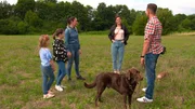 Moderatorin Lisa Kestel und der Hundetrainer Daniel Joeres helfen Familie Beitlich in Hilden bei der Auswahl eines neuen Familienmitglieds. v.l.n.r.:  Aurelia (7), Amira (9), Fahrah Beitlich (39), Lisa Kestel, Daniel Joeres.
