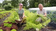 Frank Buchholz (r) mit Ankie Ytsma im Gemeinschaftsgarten bei Snakkerburen. Mit Ankie pflanzt Frank Rote-Bete-Setzlinge - und darf sich zum Dank frisches Gemüse für das Abendessen aussuchen.
