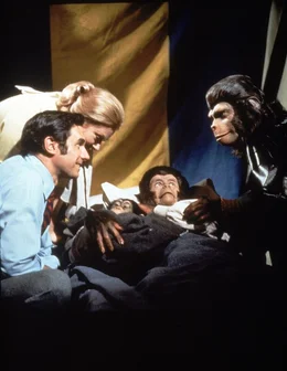 v.li.: Dr. Lewis Dixon (Bradford Dillman), Dr. Stephanie Branton (Natalie Trundy), Zira (Kim Hunter), Cornelius (Roddy McDowall)